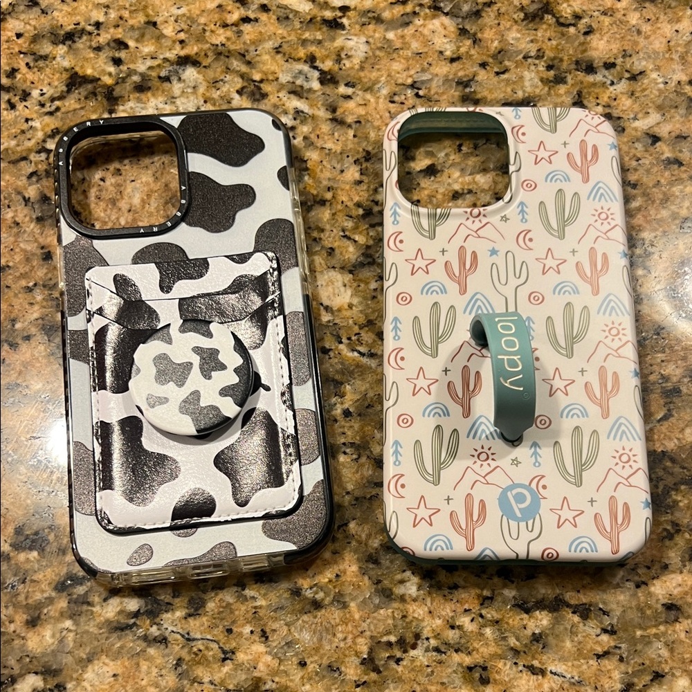 Phone 13 pro max Case with Card Holder and Pop Grip - White Black Cow Print